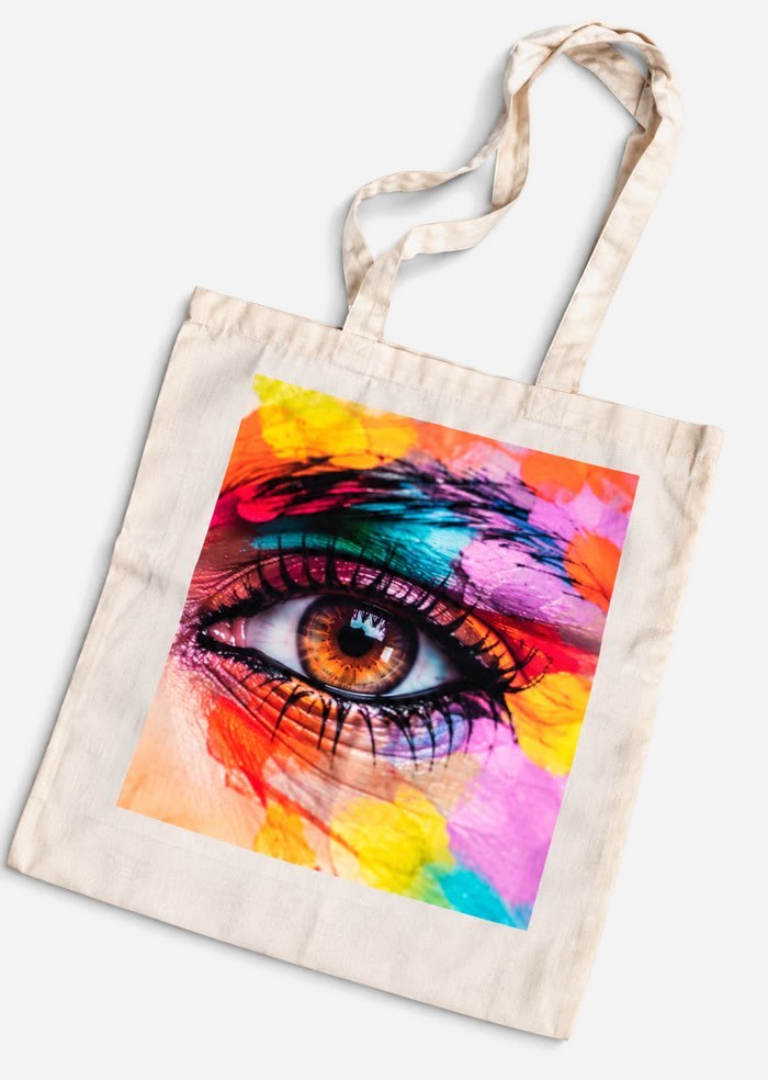 Tote bag «Água Nova», de pano cru, com a fotografia de um olho pintado com cores vivas