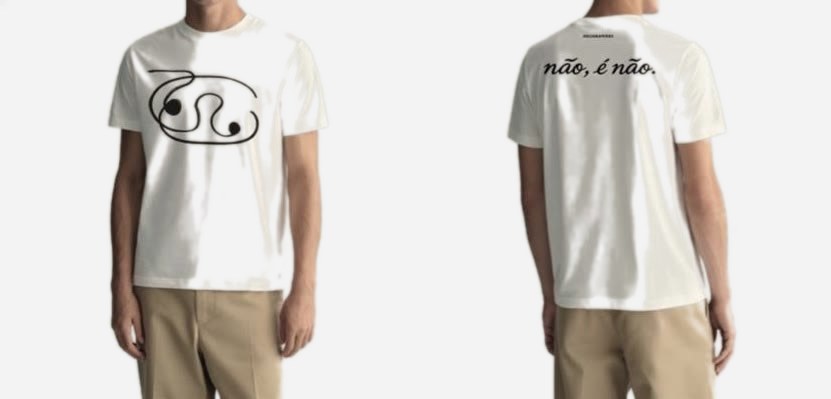 T-shirt branca com desenho preto à frente e a frase «não, é não.» nas costas