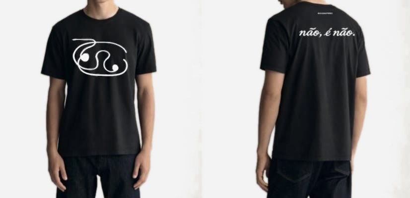 T-shirt preta com desenho branco à frente e a frase «não, é não.» nas costas